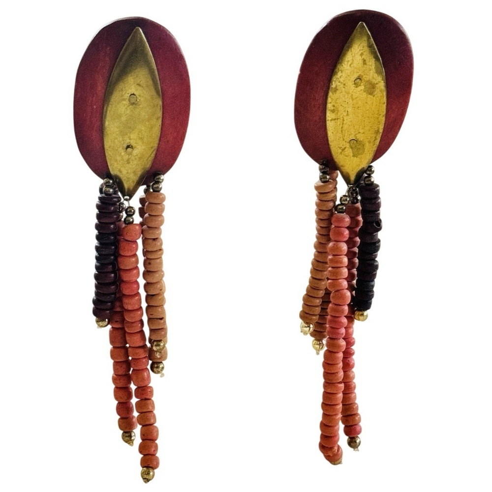 VTG Wood Earrings Brass Statement Dangle chunky Jewelry Pierced Beaded Retro 70s
